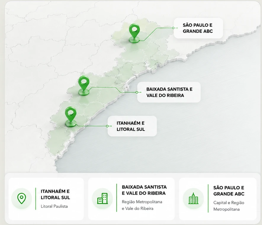 Mapa de atendimento da EDTEC em Itanhaém, Litoral Sul, Baixada Santista, Vale do Ribeira, São Paulo e Grande ABC